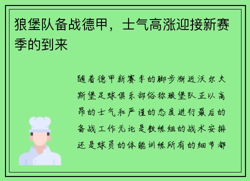 狼堡队备战德甲,士气高涨迎接新赛季的到来